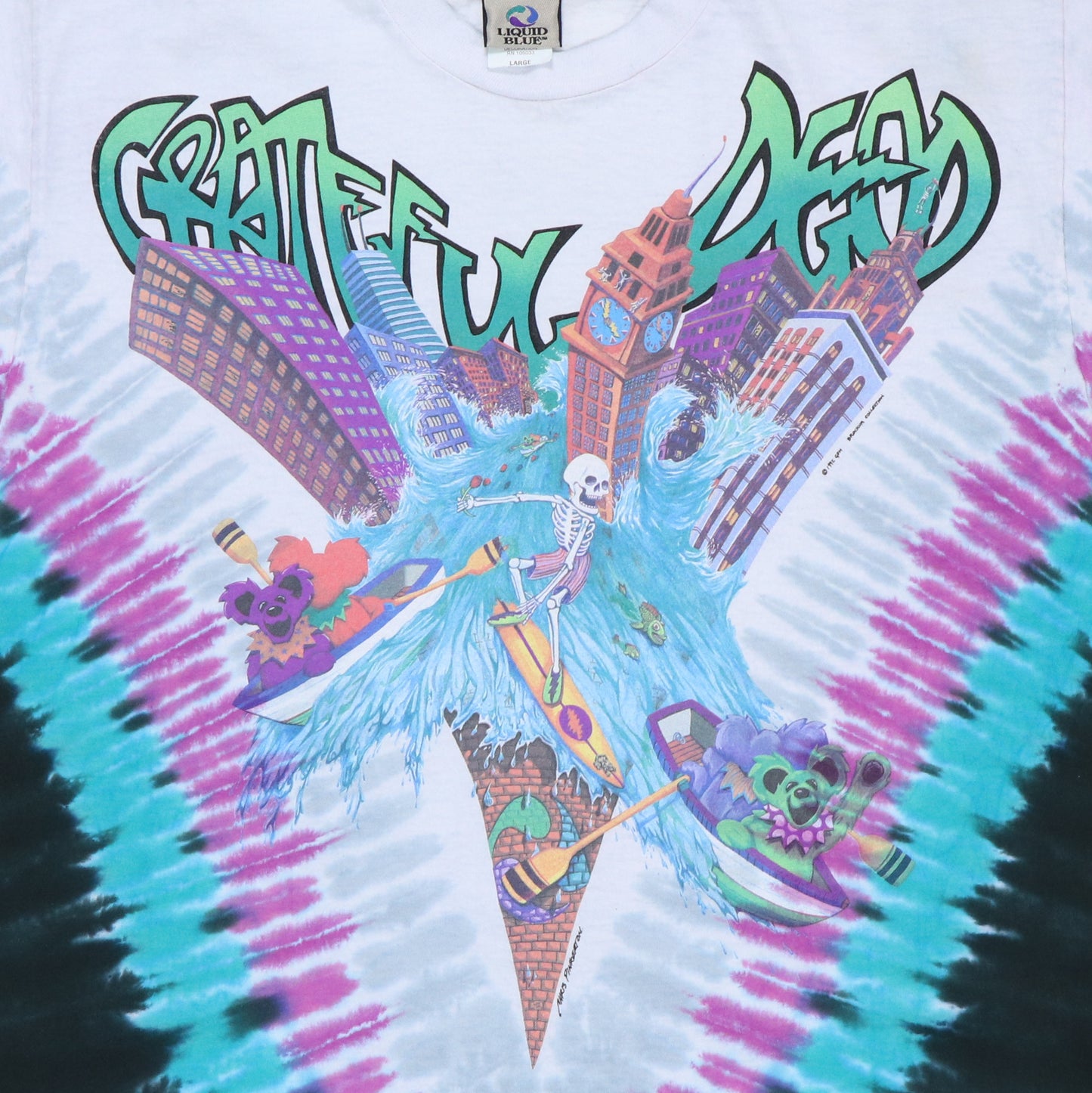 1990s Grateful Dead Liquid Blue Tie Dye Shirt Detail