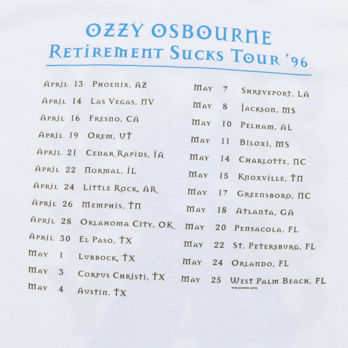 1996 Ozzy Osbourne Retirement Sucks Tour Shirt