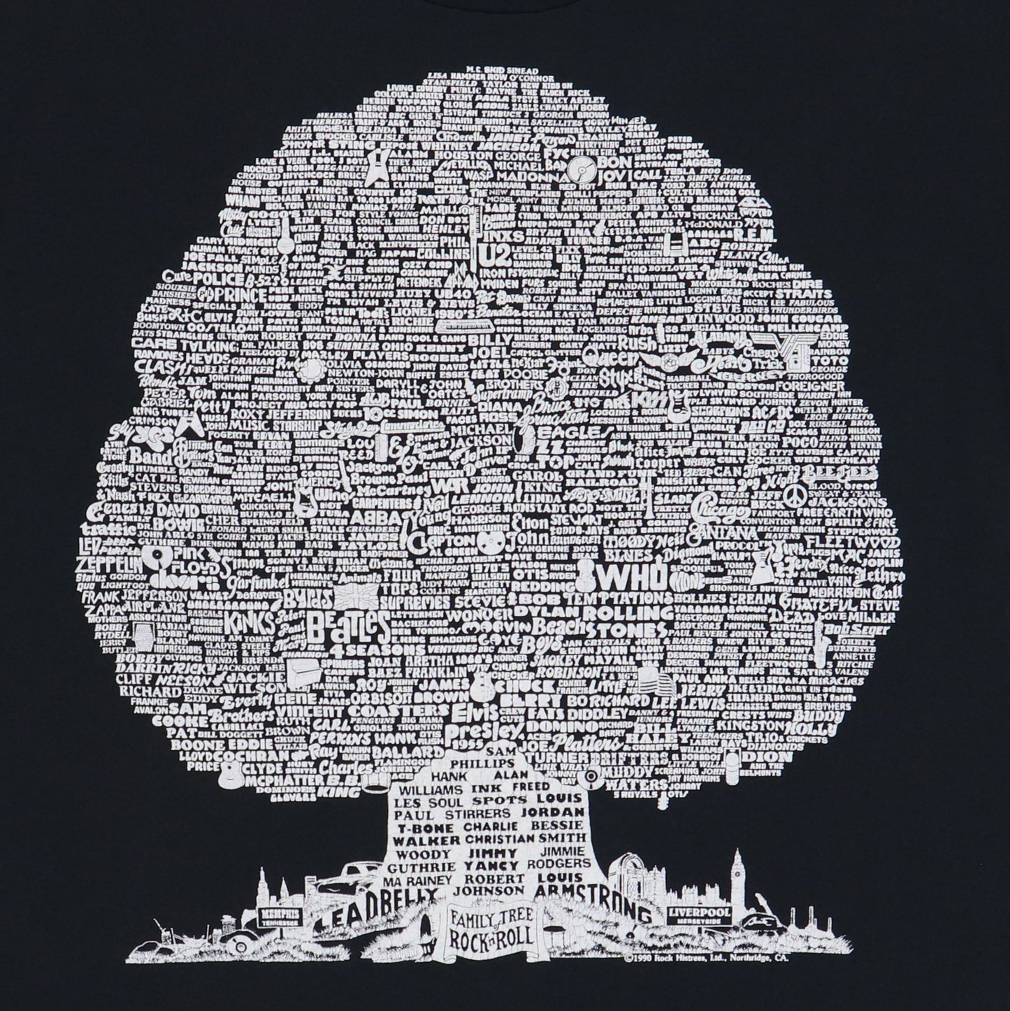 1990 Rock & Roll Family Tree Shirt Detail