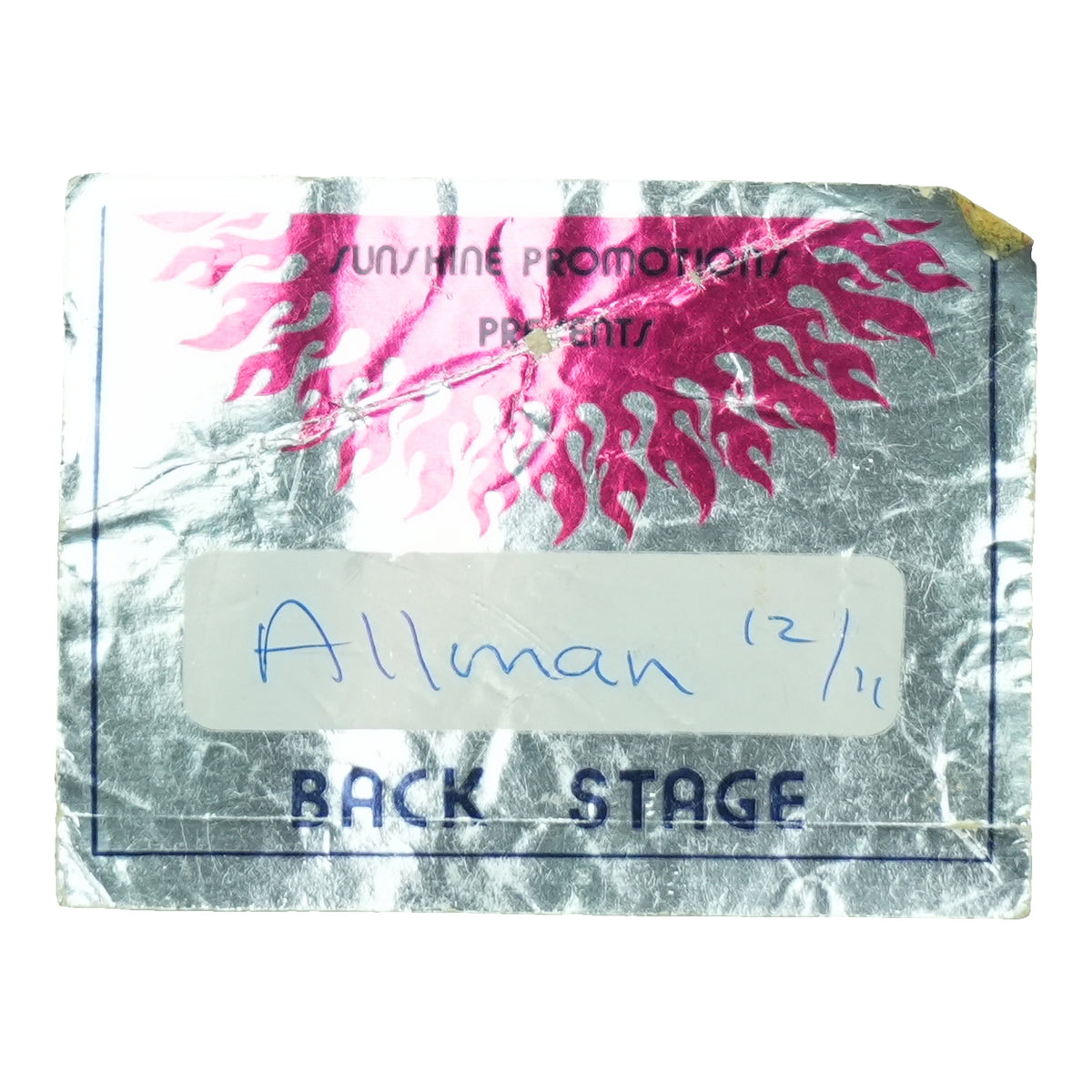 1970s Allman Brothers Sunshine Promotions Back Stage Pass front