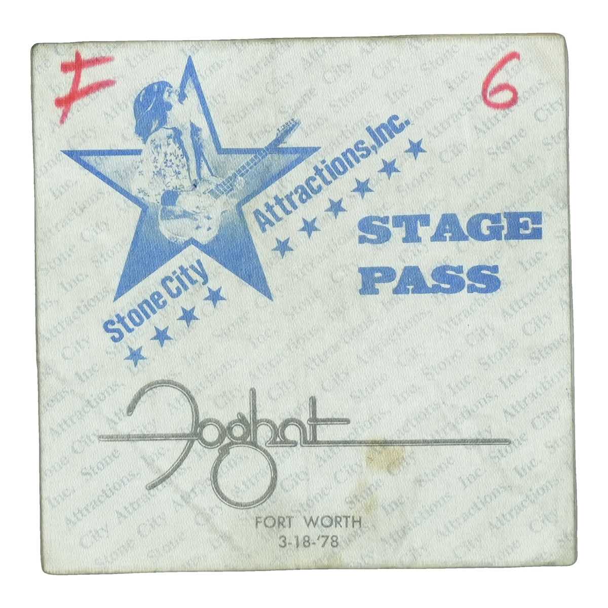 1975 Foghat Fort Worth Stage Backstage Pass front