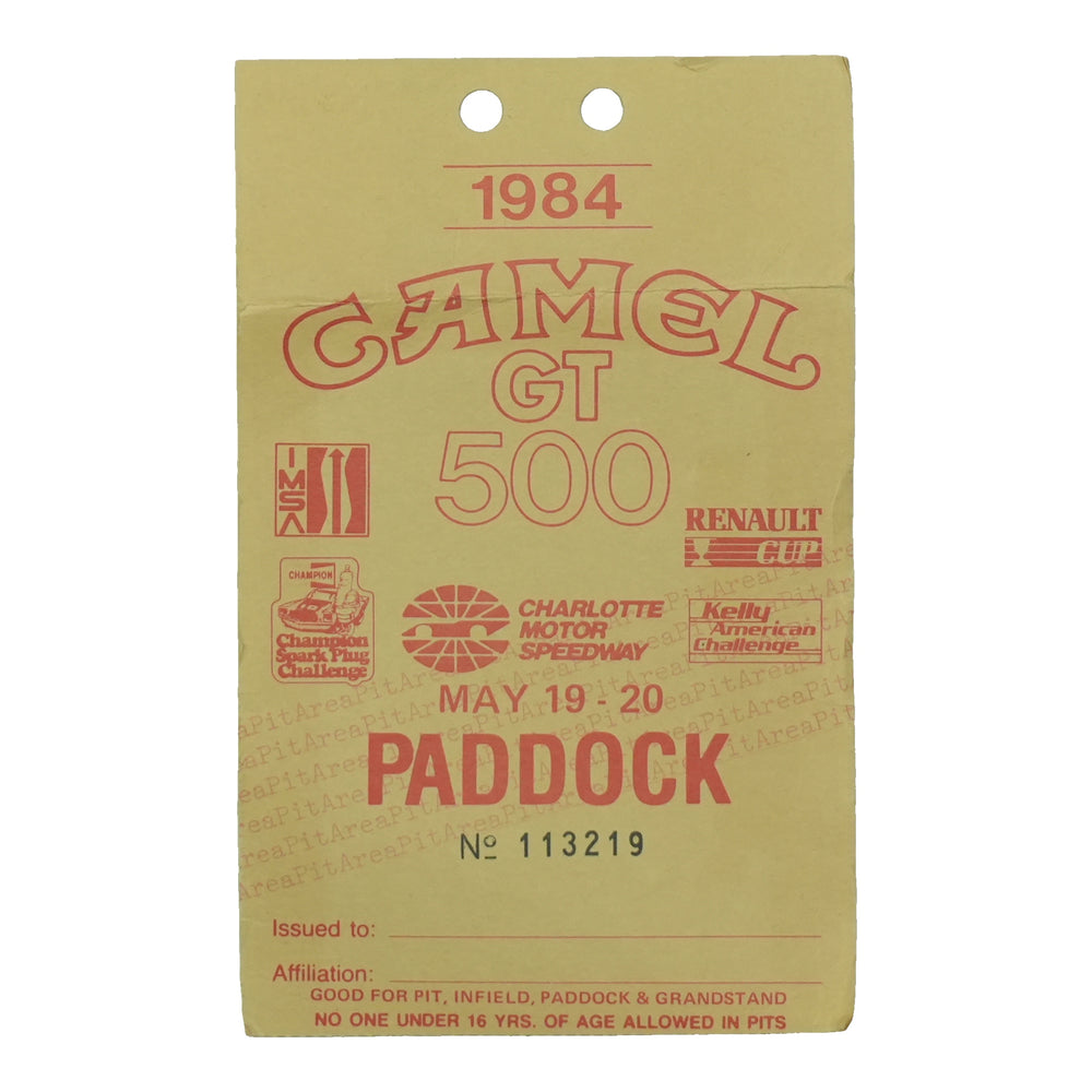 1984 Camel GT 500 Charlotte Motor Speedway Paddock Pass front