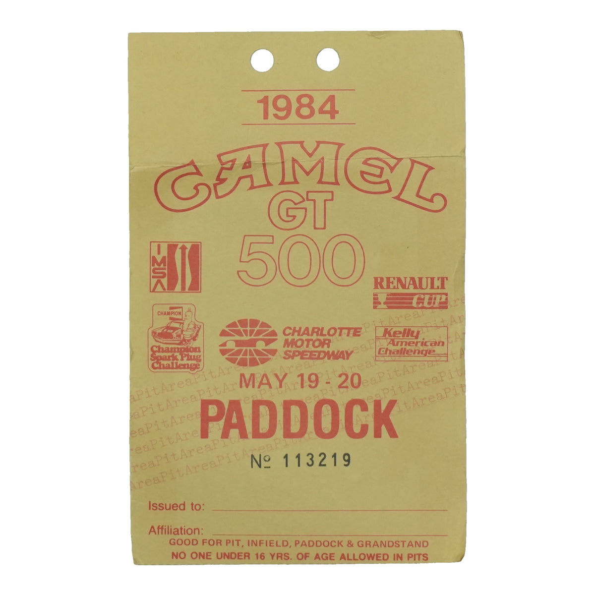 1984 Camel GT 500 Charlotte Motor Speedway Paddock Pass front