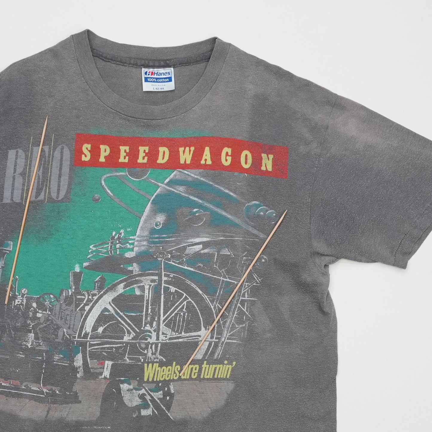 1985 REO Speedwagon Wheels Are Turnin Tour Shirt Detail 4