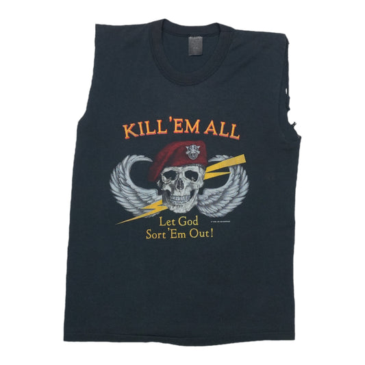 1985 Kill Em All Let God Sort Em Out Skull Shirt Front