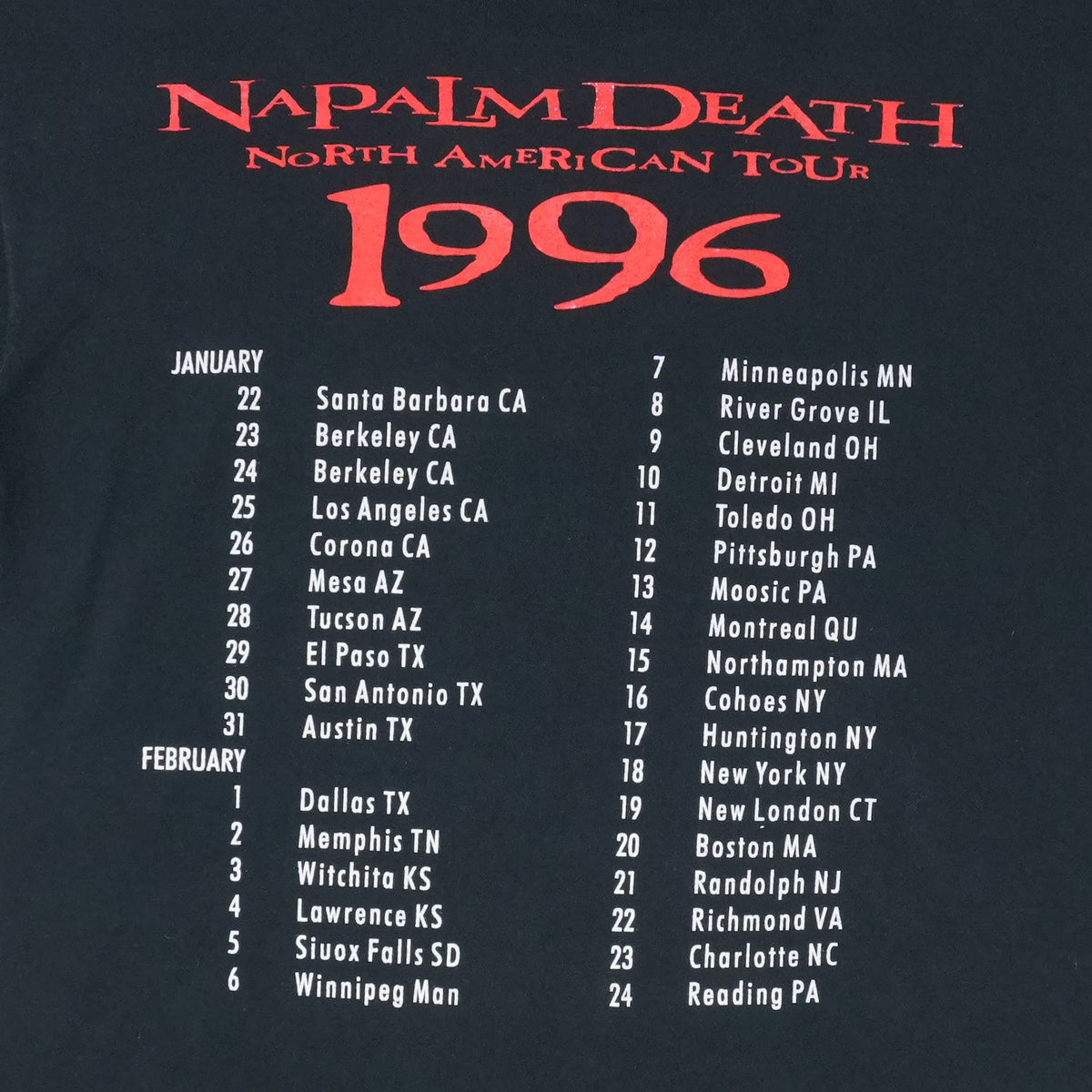 1996 Napalm Death North American Tour Shirt