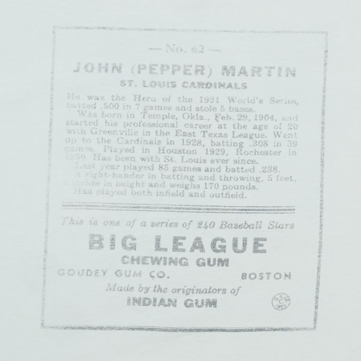 1990s Pepper Martin Big League Chewing Gum Baseball Card Shirt Back Graphic