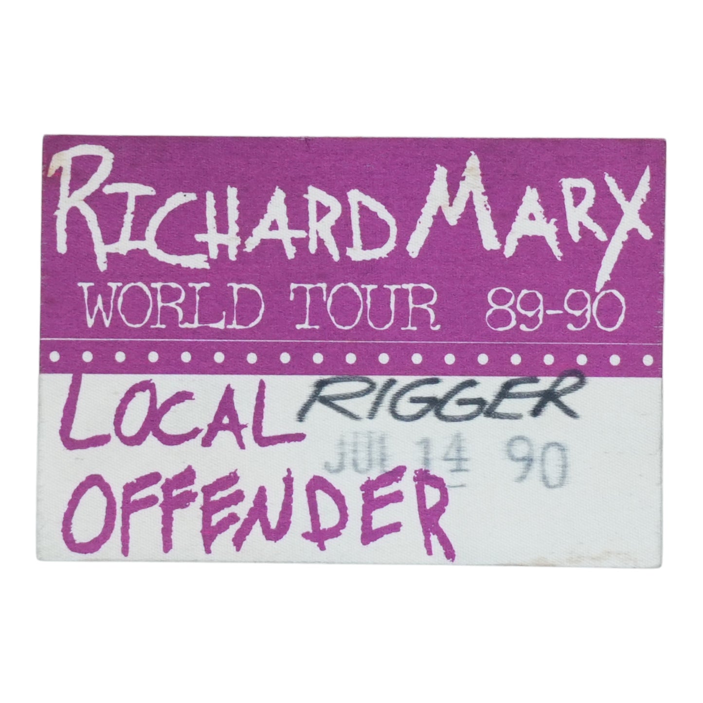 1990 Richard Marx World Tour 89-90 Local Rigger Backstage Pass - front
