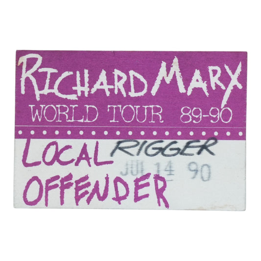 1990 Richard Marx World Tour 89-90 Local Rigger Backstage Pass - front