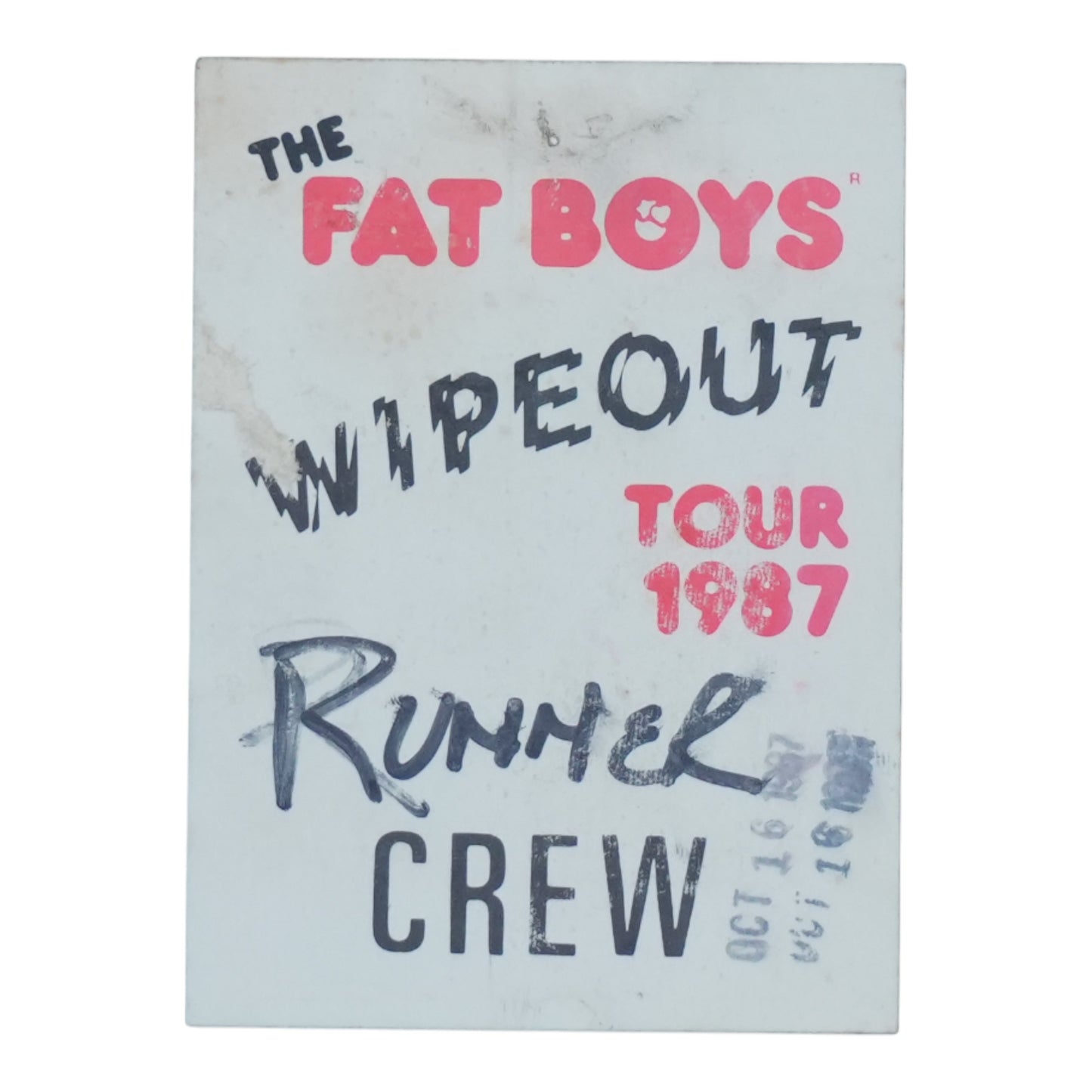 1987 The Fat Boys Wipeout Tour Backstage Pass - front