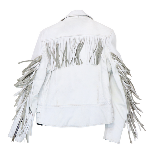 1980s White Leather w/Fringe Biker Jacket Back