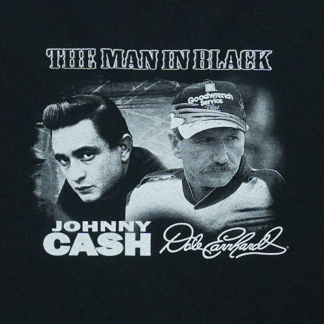 1990s Dale Earnhardt Johnny Cash Man In Black Racing Cars Playing Guitars Shirt Detail