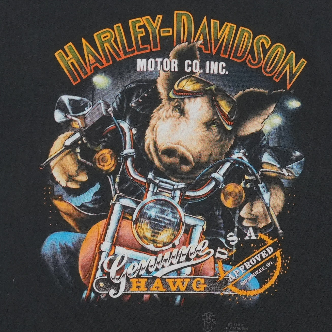 1989 Harley Davidson Motor Co Hawg 3D Emblem ShirtFront Graphic
