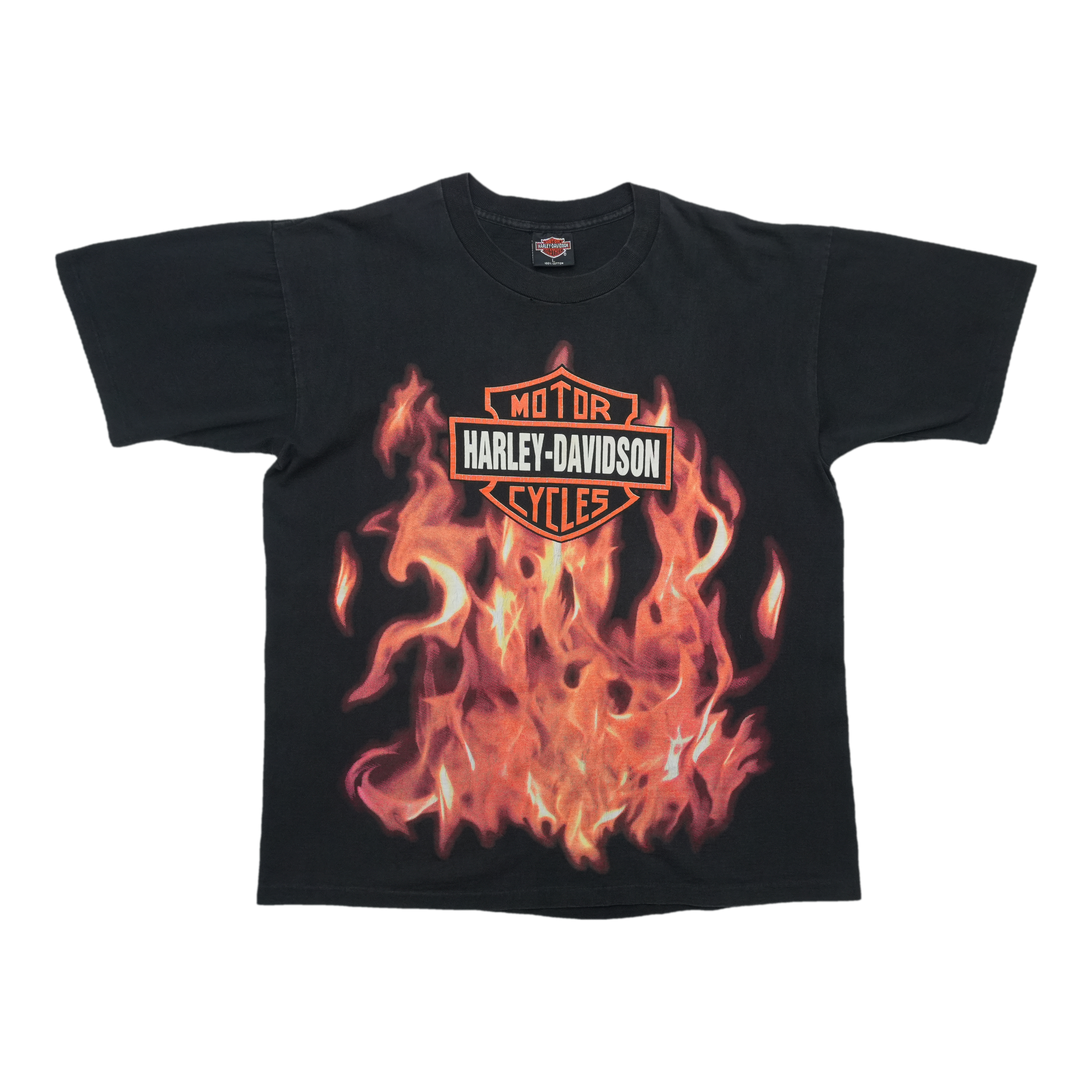 り*、様 HARLEY-DAVIDSON RED FLAME炎 90s Tシャツ 1990s Harley Davidson Bar Shield Flames Shirt | WyCo Vintage