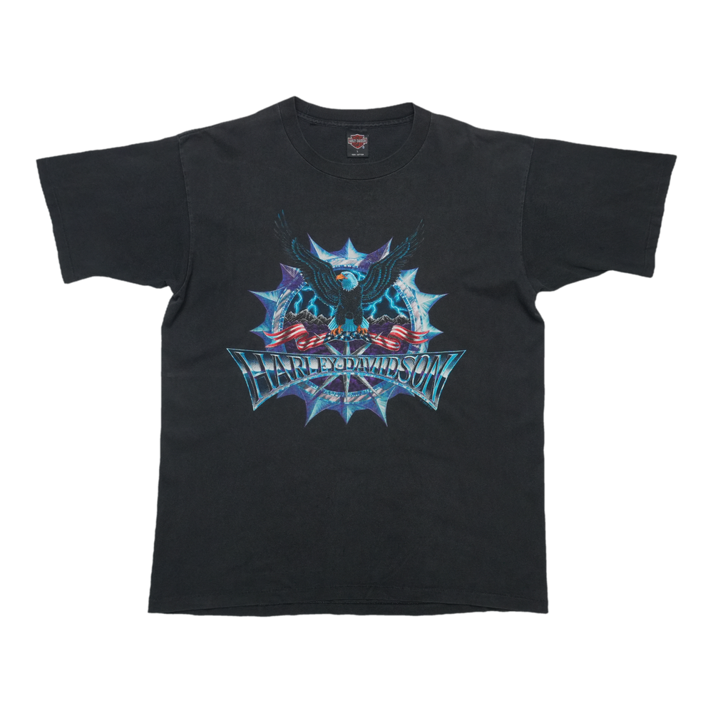 1990s Harley Davidson Eagle Lightning Flags Starburst ShirtFront