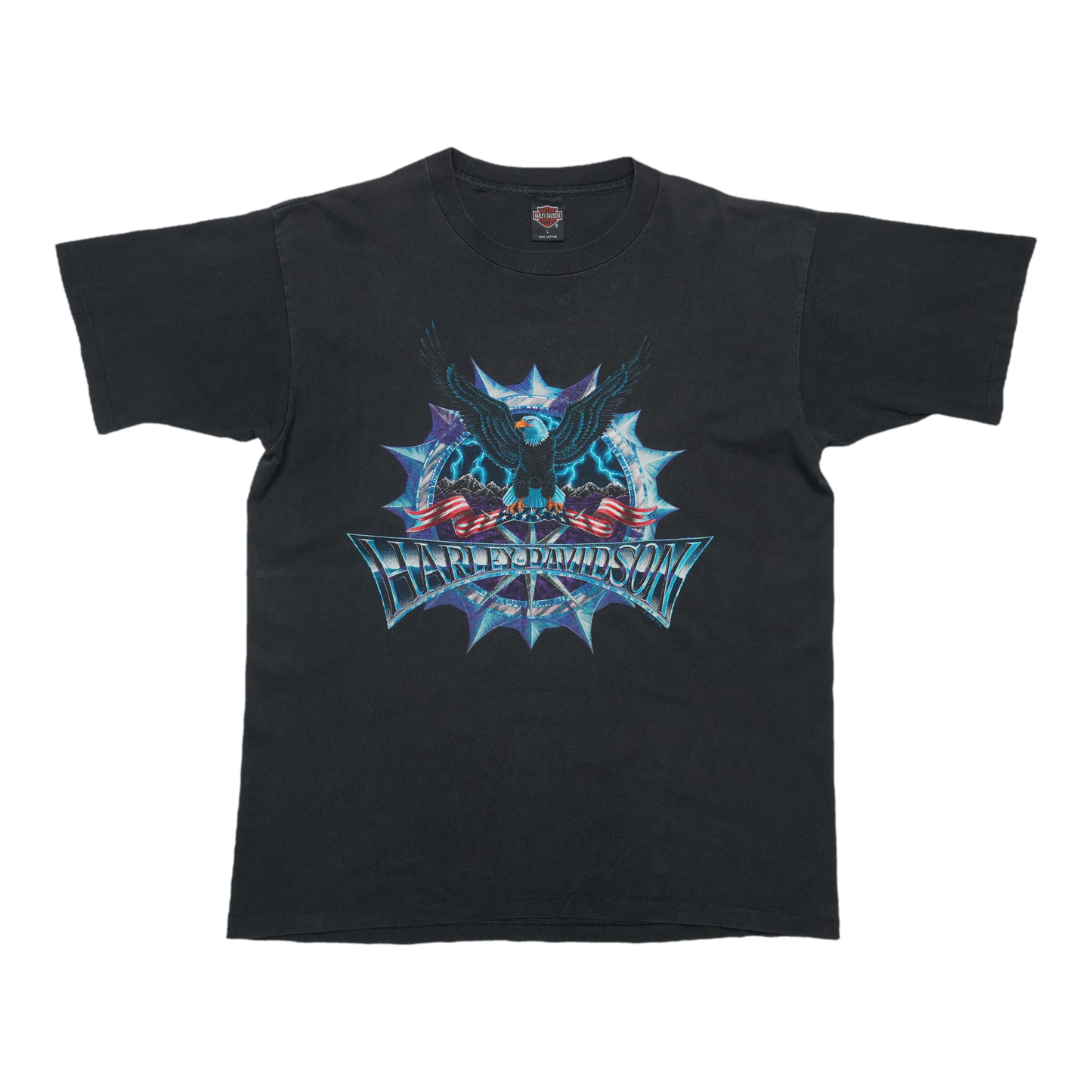 1990s Harley Davidson Eagle Lightning Flags Starburst ShirtFront