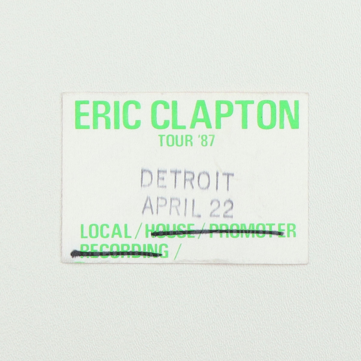 1987 Eric Clapton Local Backstage Pass