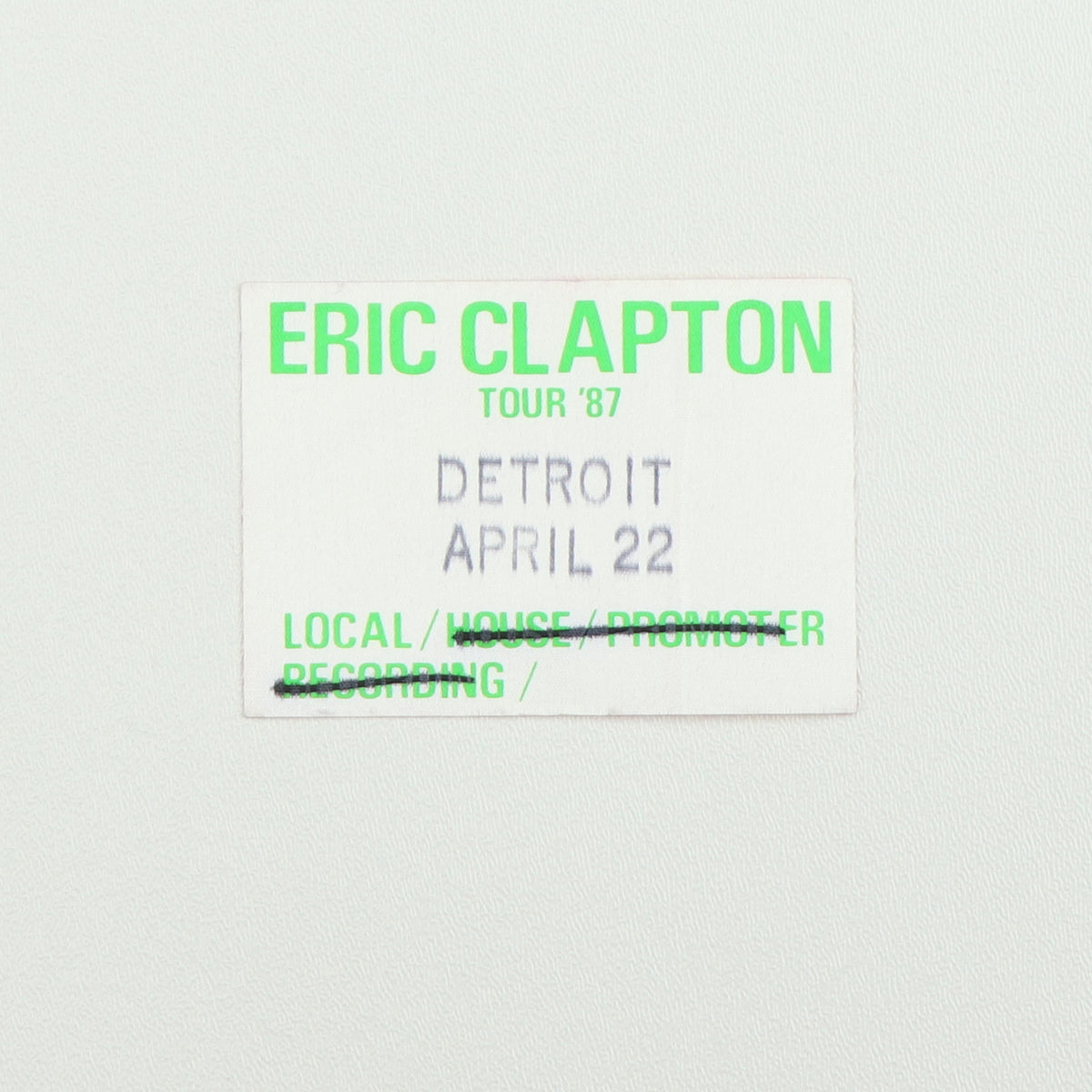 1987 Eric Clapton Local Backstage Pass