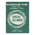 1974 Gregg Allman Music Hall Backstage Pass front