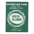 1974 Gregg Allman Music Hall Backstage Pass front