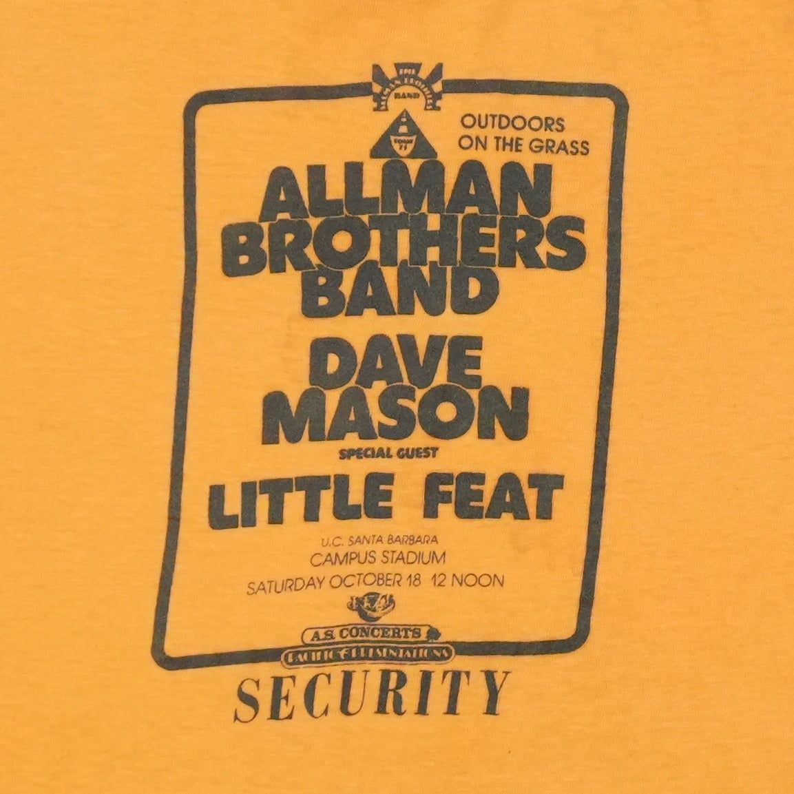 1975 Allman Brothers Band Dave Mason Little Feat UCSB Security Shirt