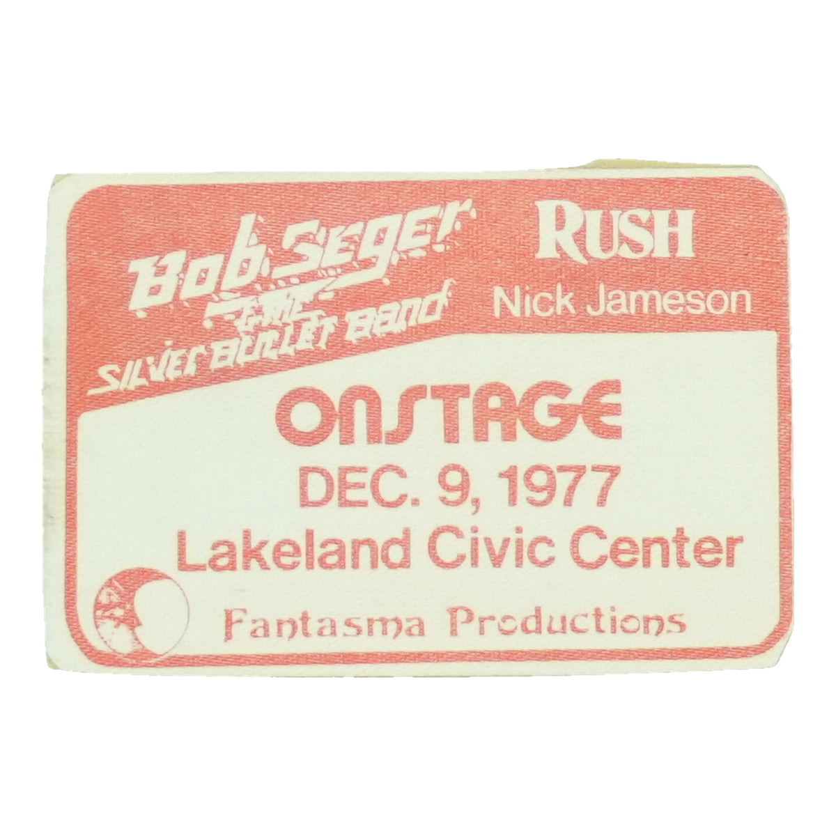 1977 Bob Seger And Rush Lakeland Civic Center Onstage Pass front