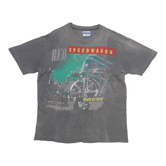 1985 REO Speedwagon Wheels Are Turnin Tour Shirt Front