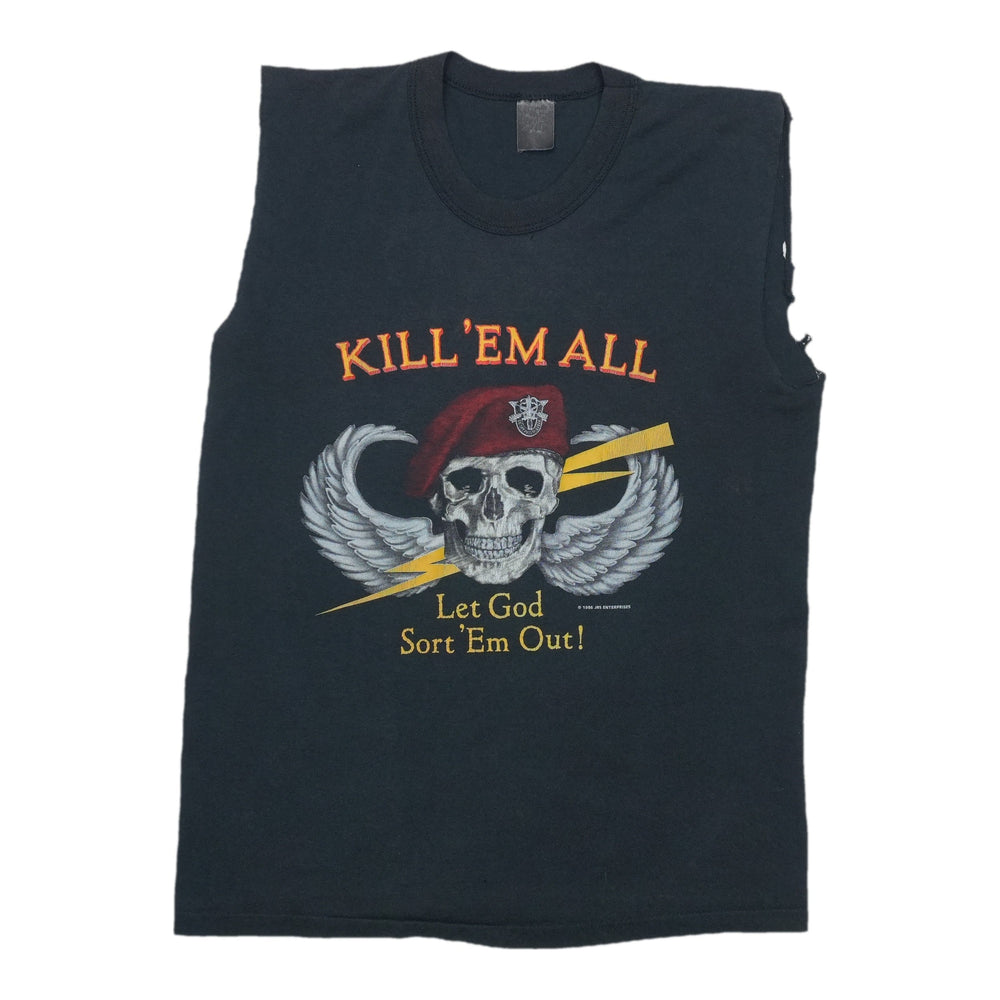 1985 Kill Em All Let God Sort Em Out Skull Shirt Front