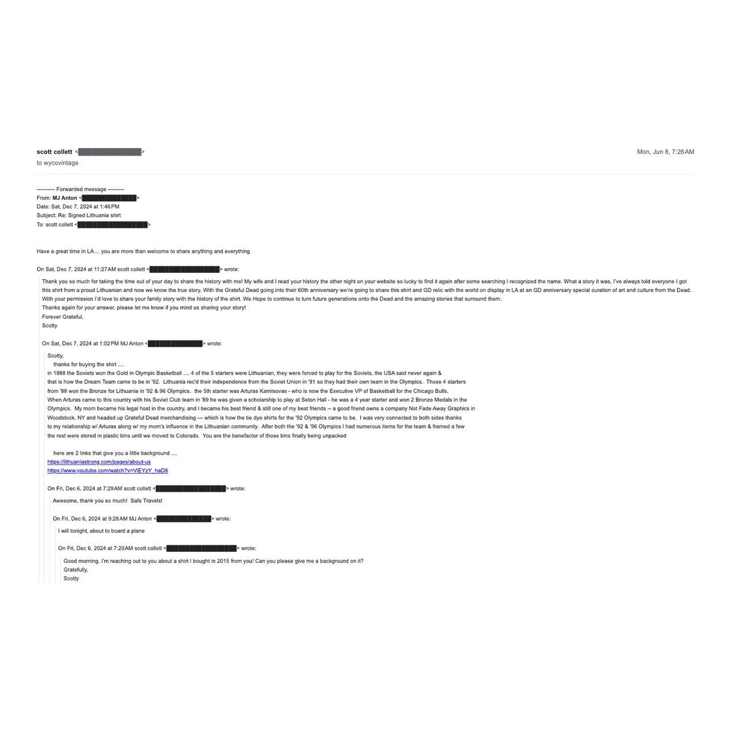 Email correspondence documenting the shirt's provenance from MJ Anton to collector Scott Collett, email addresses redacted