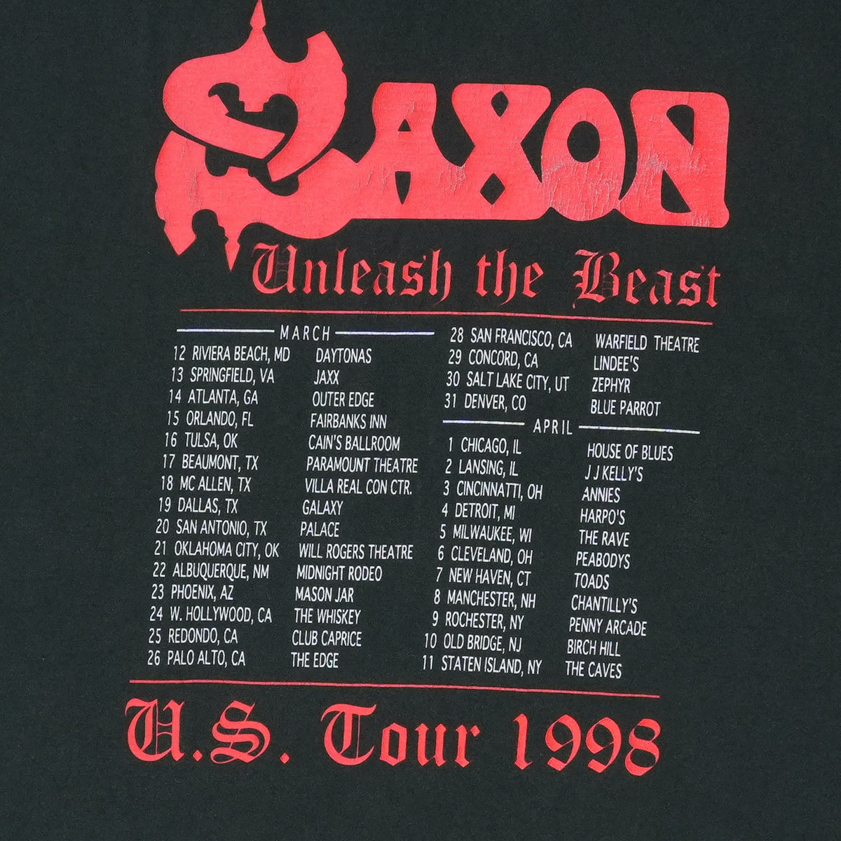 1998 Saxon Unleash The Beast US Tour Shirt