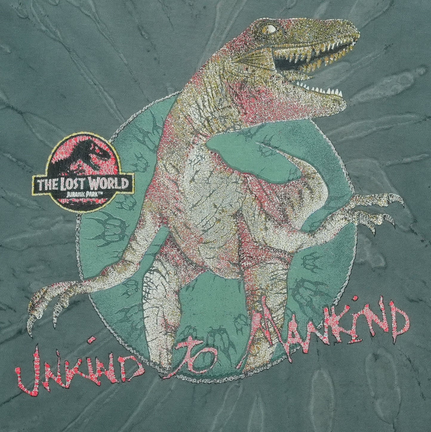 1997 The Lost World Jurassic Park Unkind to Mankind Shirt Front Graphic