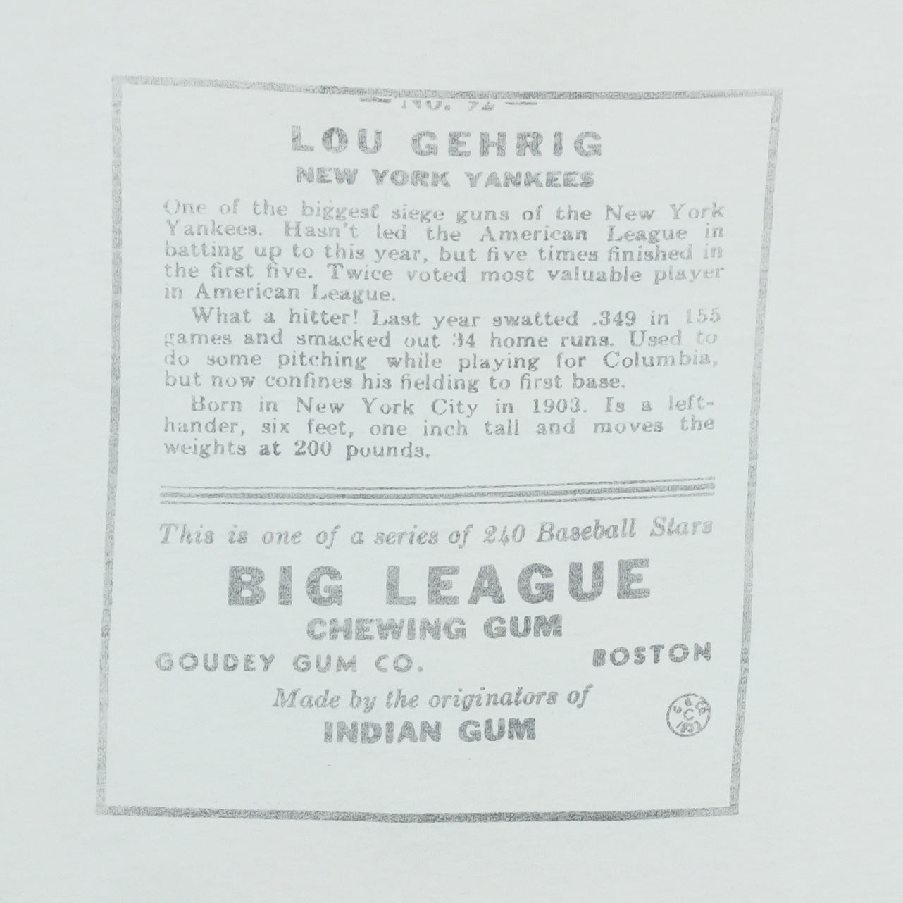 1990s Lou Gehrig Big League Chewing Gum Baseball Card Shirt Back Graphic