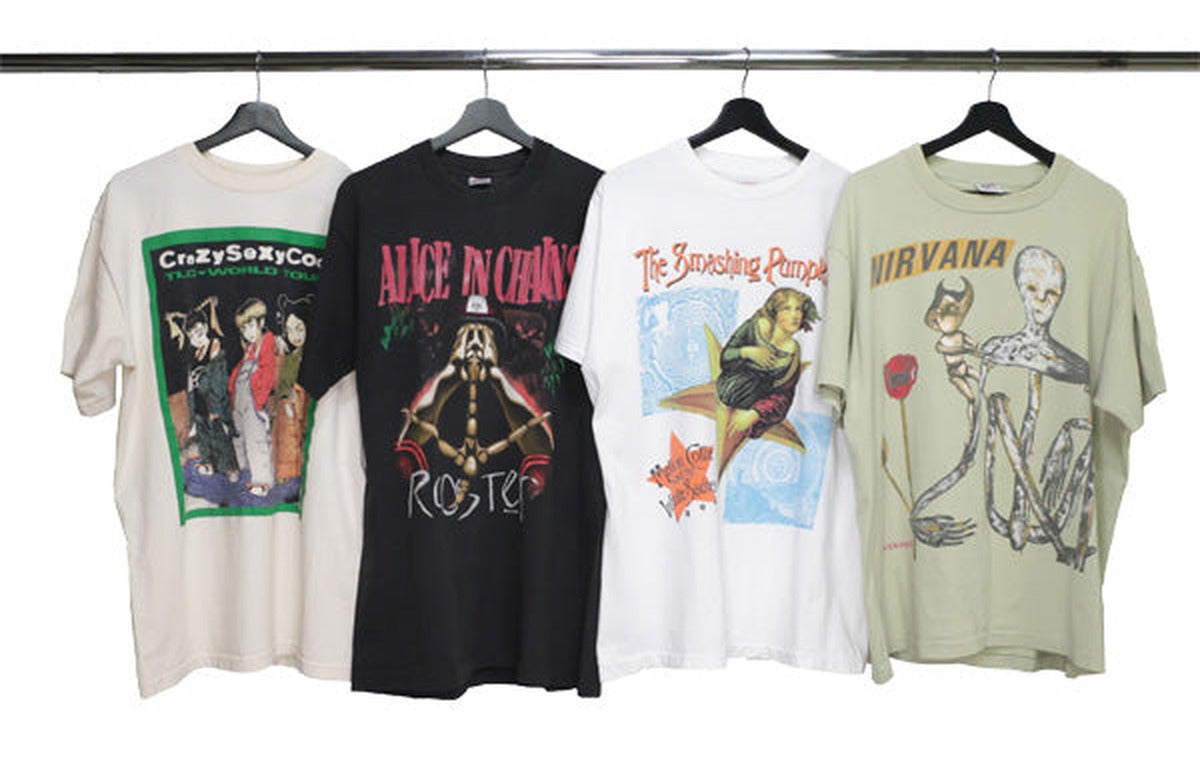 Rack of 1990s vintage band t-shirts from the WyCo Vintage archive