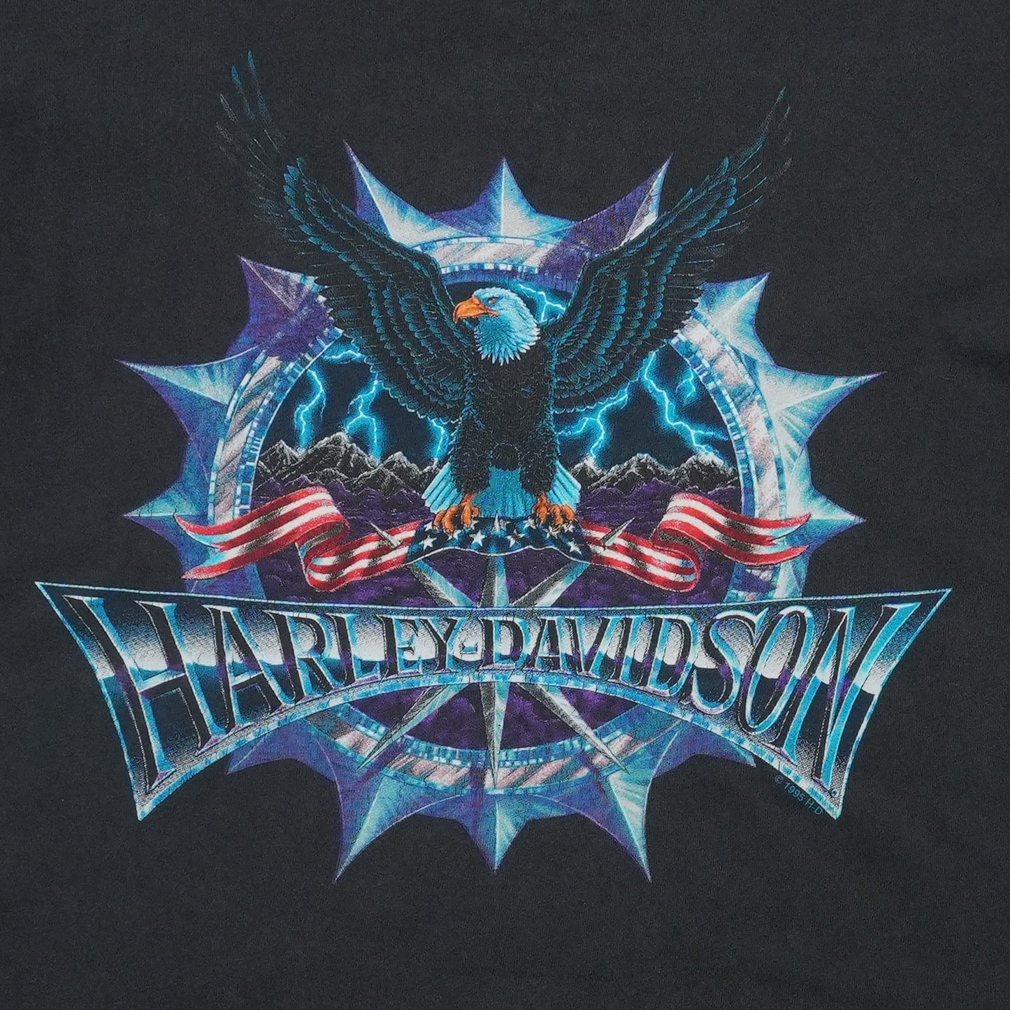 1990s Harley Davidson Eagle Lightning Flags Starburst ShirtFront Graphic