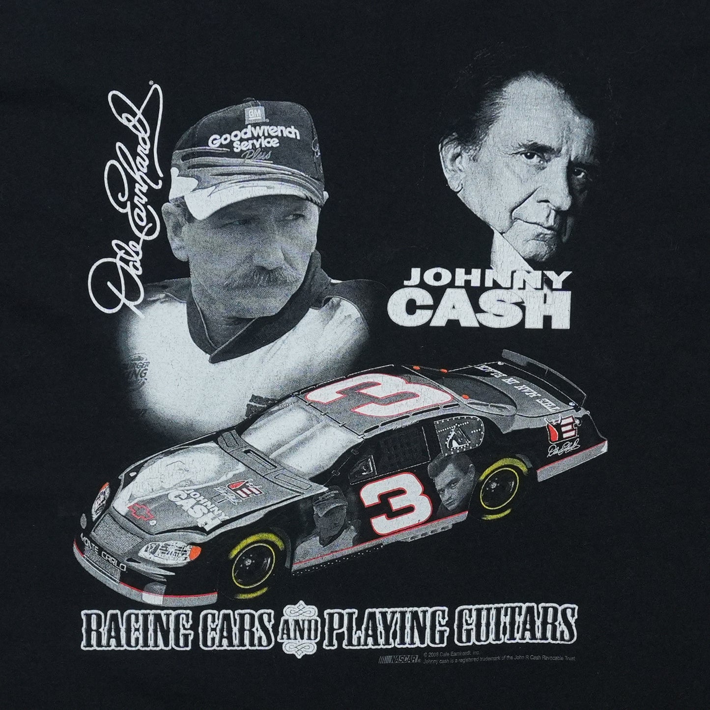 1990s Dale Earnhardt Johnny Cash Man In Black Racing Cars Playing Guitars Shirt Detail