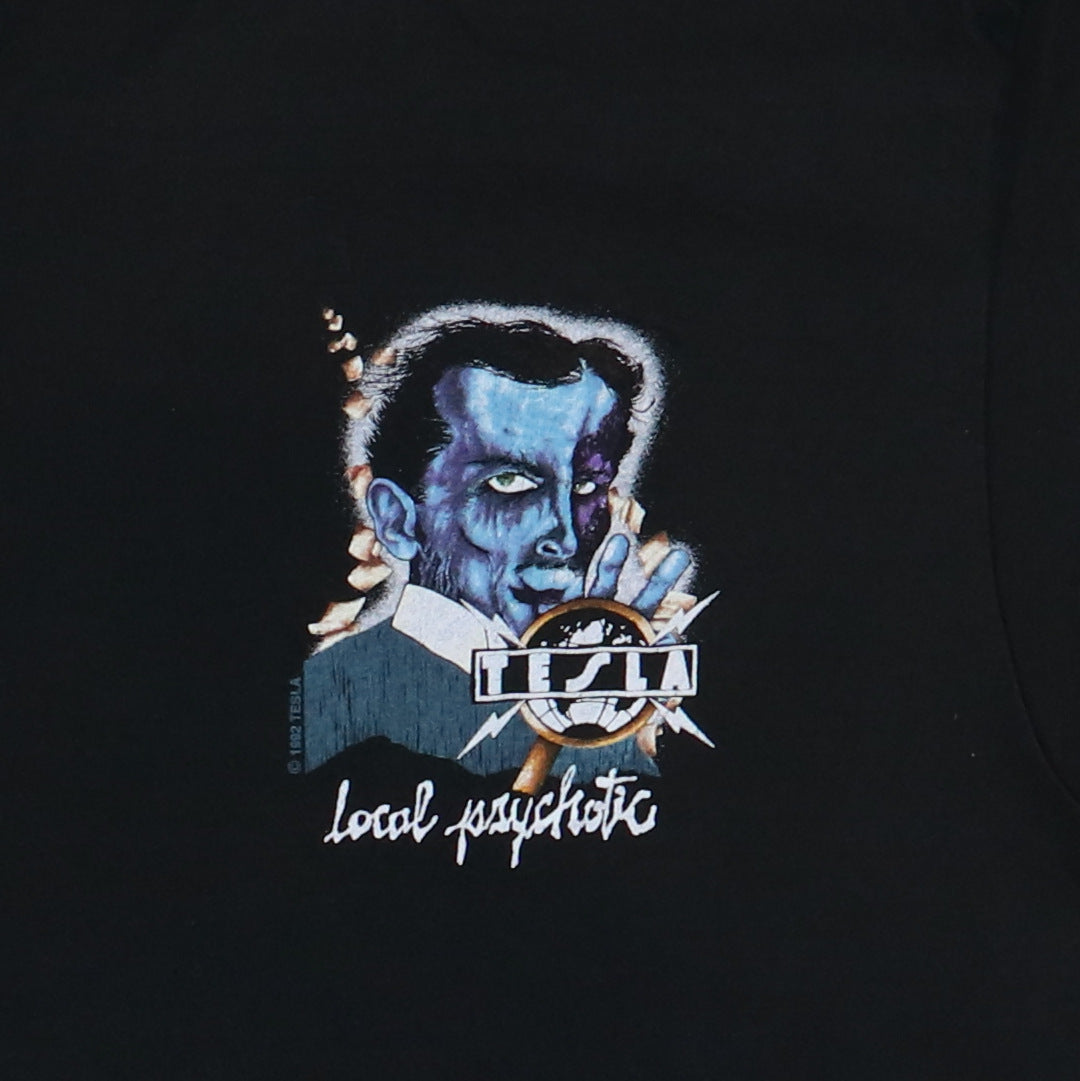 1992 Tesla Local Psychotic Crew Tour Shirt | Authentic Vintage Tee