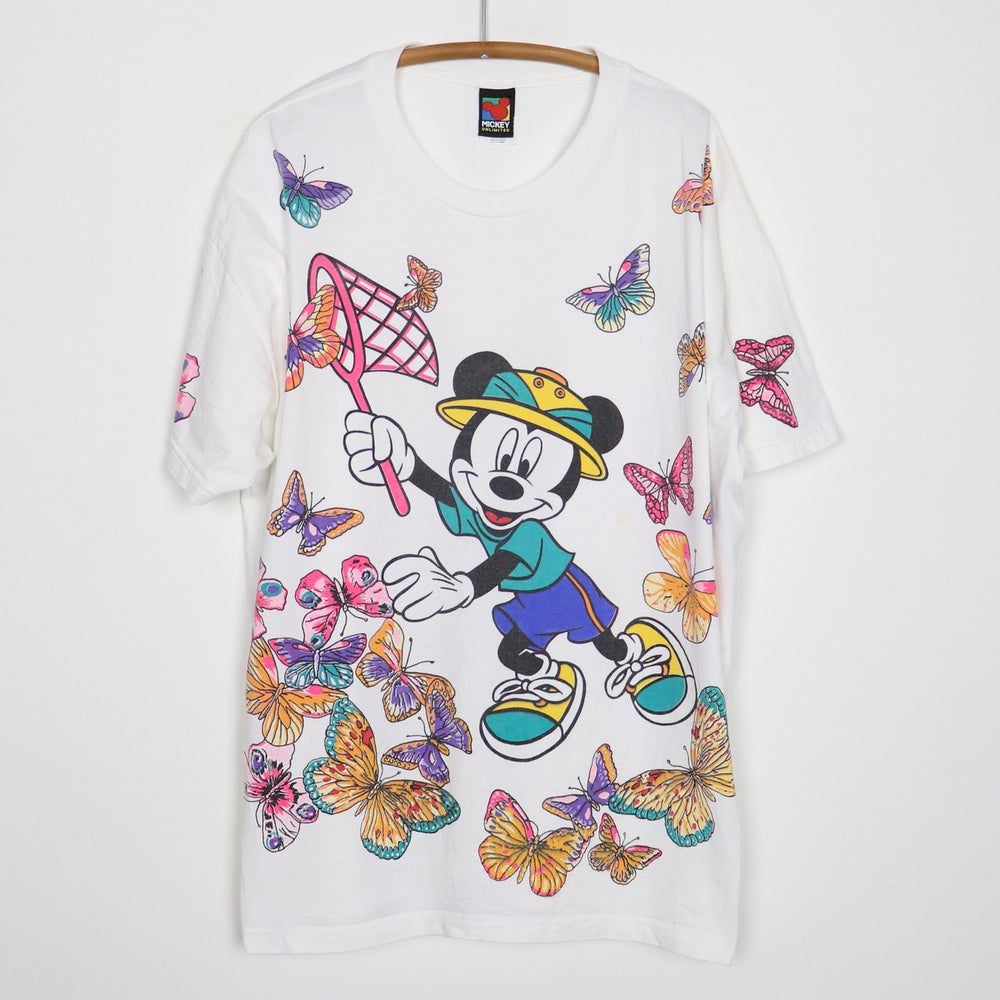 1990s Mickey Mouse Disney Butterflies All Over Print Shirt