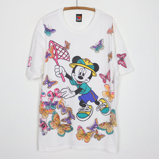 1990s Mickey Mouse Disney Butterflies All Over Print Shirt