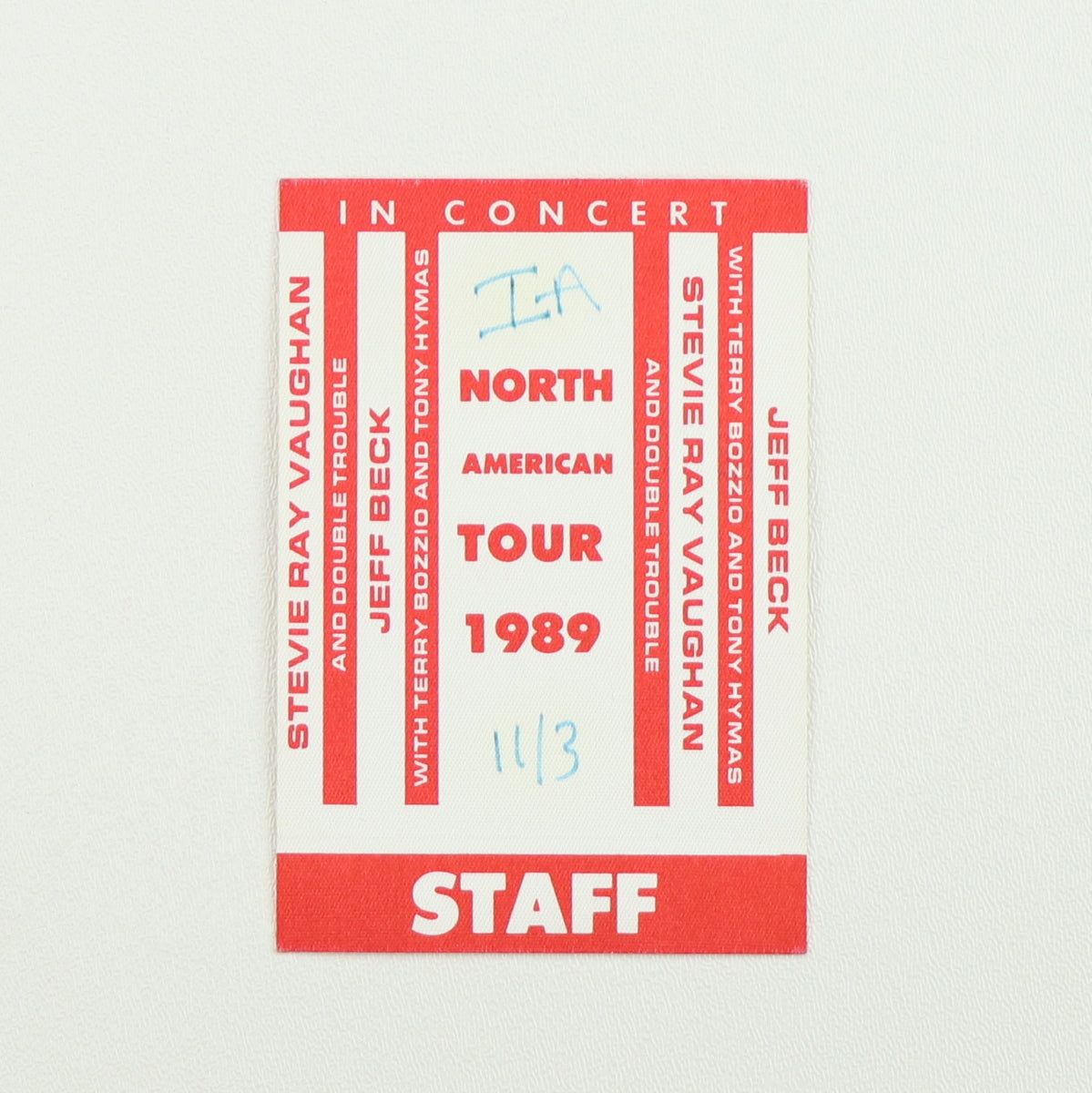 1989 Stevie Ray Vaughan Jeff Beck North American Tour Staff Backstage Pass