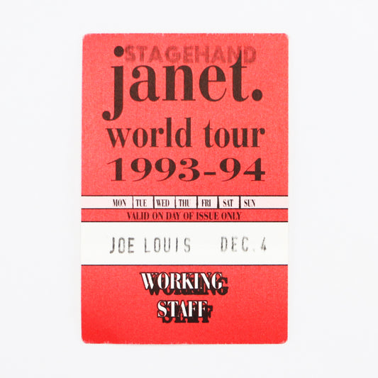 1993 Janet Jackson World Tour Working Staff Stagehand Pass